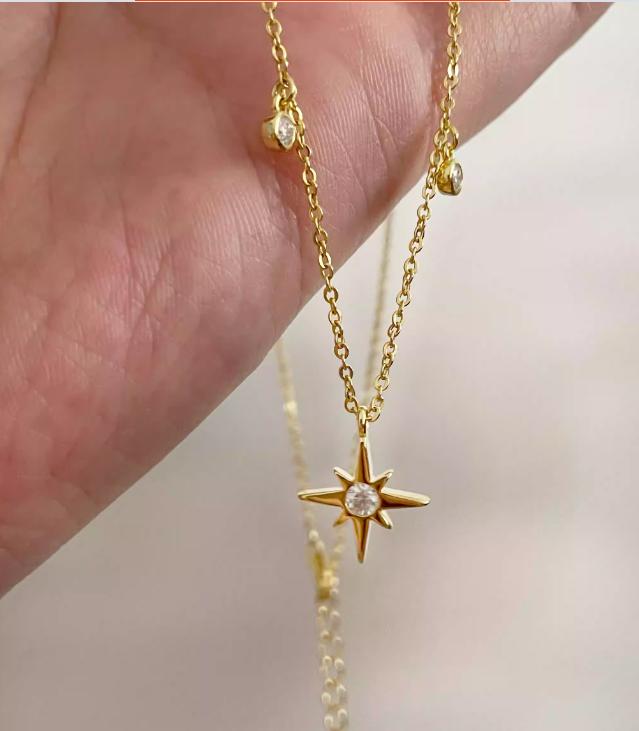 Collar CrownJewel con estrella de seis puntas de moissanita y cadena de clavícula de plata de ley S925.