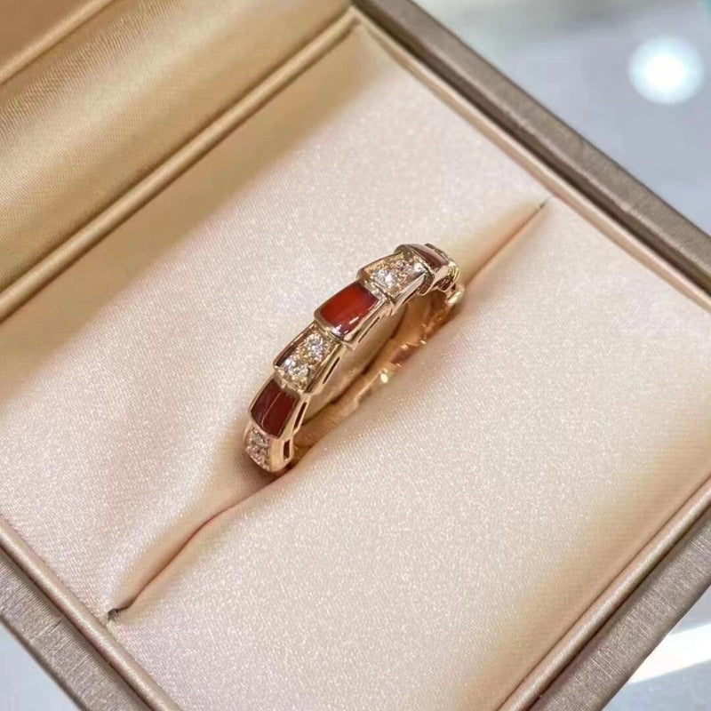 Red Mother of Pearl Snake Coil Ring, Geometric Design with Diamond