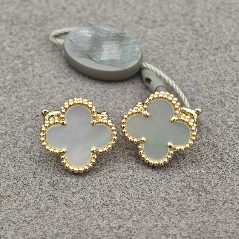 Vintage Alhambra style mother of pearl clover earrings 18K yellow gold plated beaded edge