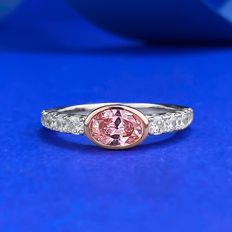 Anillo ovalado de plata de ley 925 con zafiro rosa melocotón de 5 x 7 mm de CrownJewel