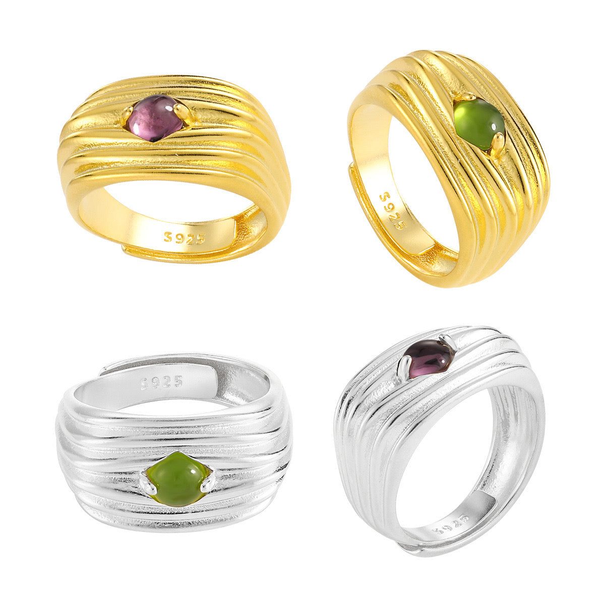 925 sterling silver multi-layer line pleated inlaid glass stone adjustable ring