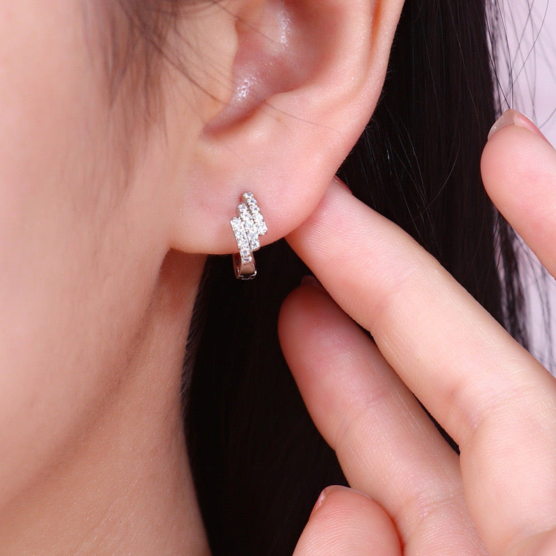 925 sterling silver three-row diamond hoop earrings