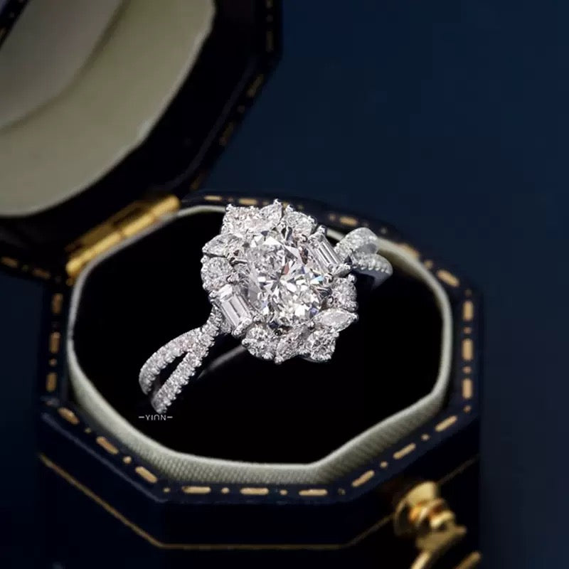 7*9 mm 925 Sterling Silver Oval Diamond Ring
