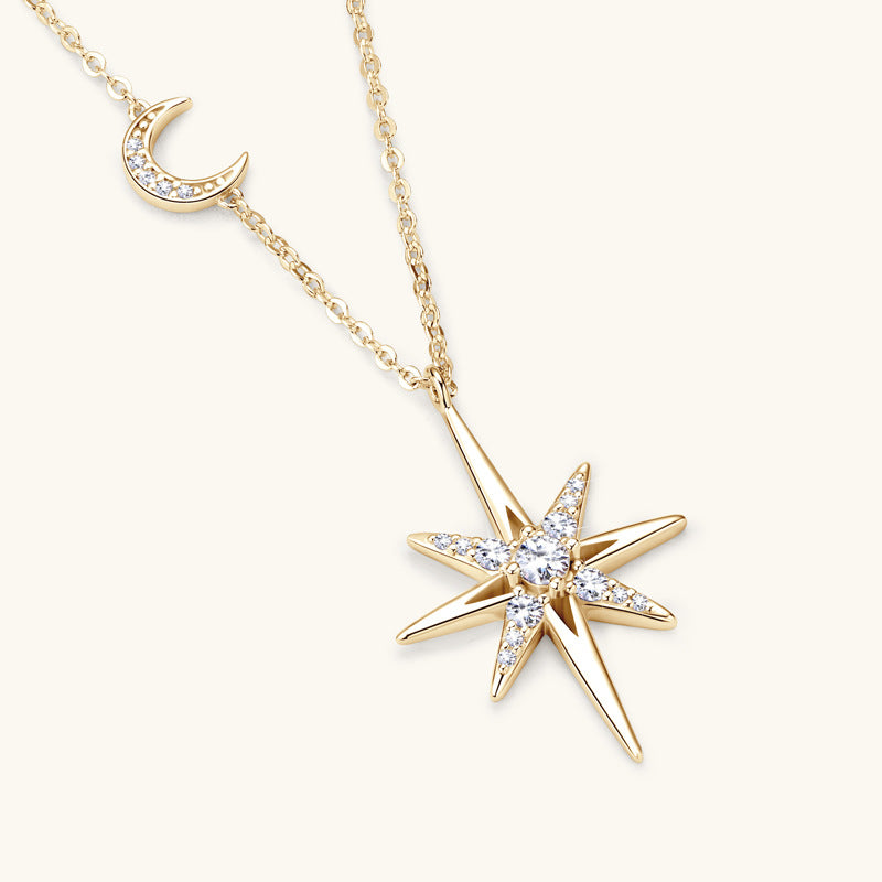 Collar de moissanita con estrella de ocho puntas y diamantes CrownJewel / colgante de estrella / versátil cadena de clavícula de plata esterlina