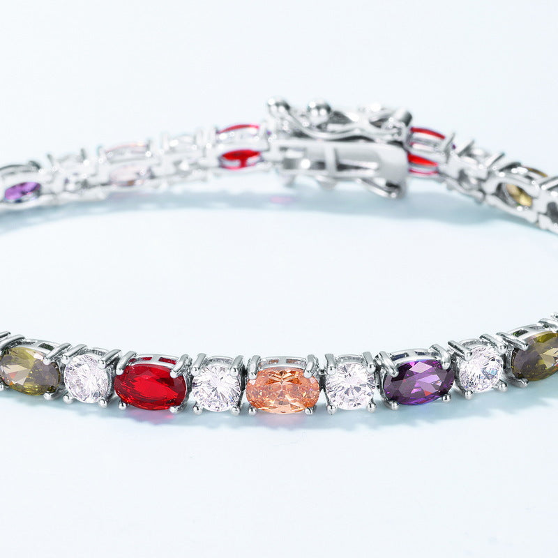 Pulsera CrownJewel de circonita arcoíris, plata de ley S925, con garras en forma de huevo, colorida, joyería de moda retro.