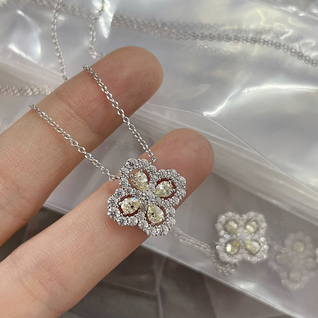 CrownJewel Flower pendant with diamonds and 18K white gold plated clavicle necklace