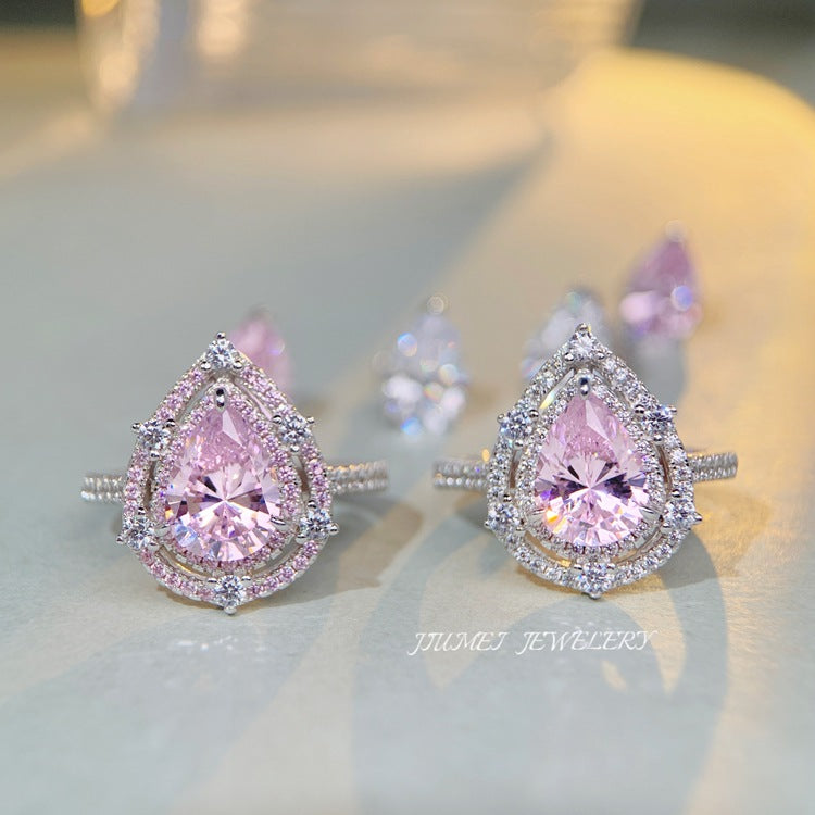 Anillo de plata esterlina CrownJewel S925 para mujer con gema rosa, gota de agua, diamante, circonita de cristal, anillo de diamantes.