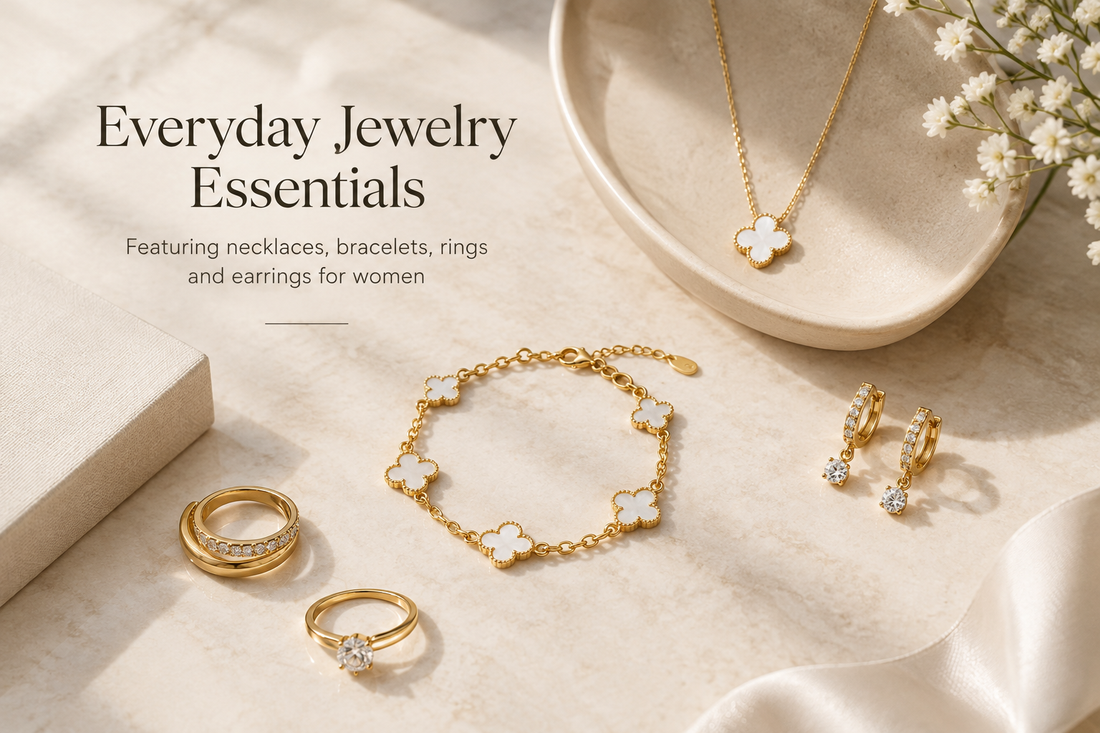Everyday jewelry essentials featuring necklaces, bracelets, rings and earrings for women