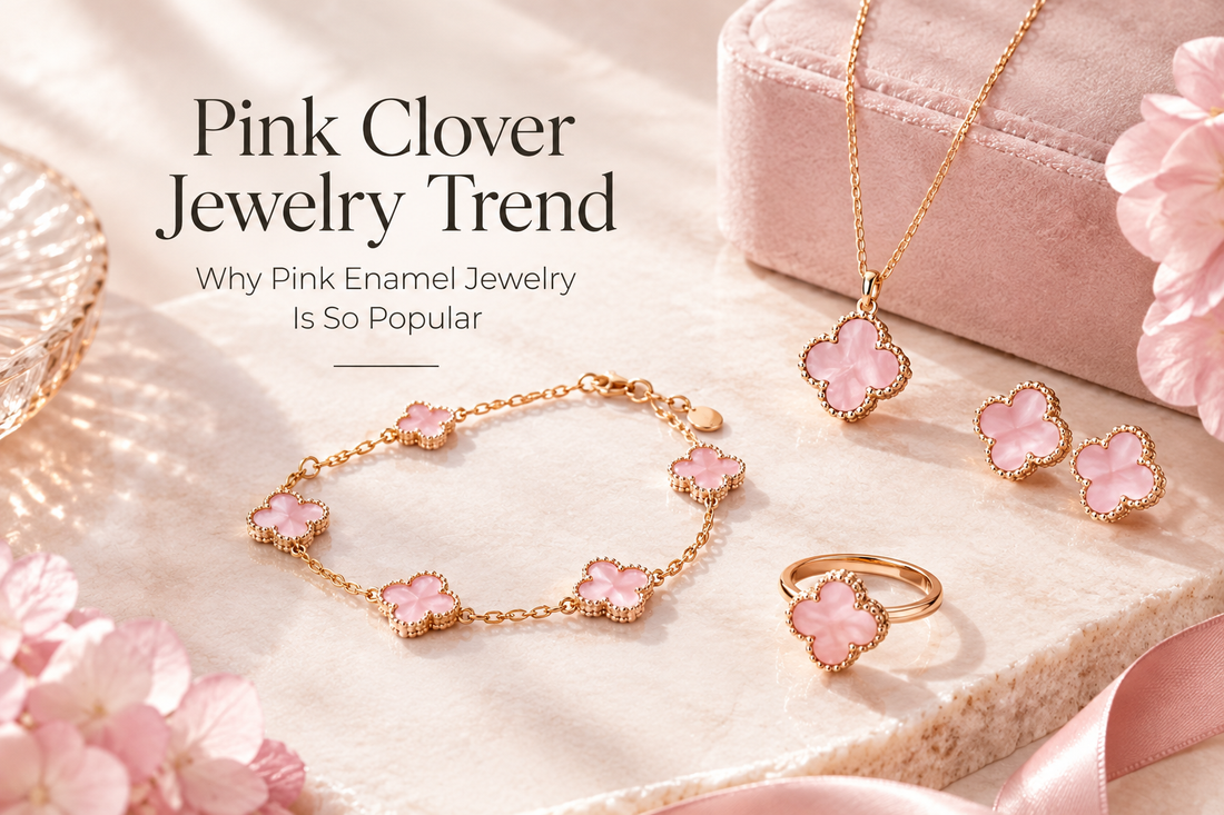 Pink clover jewelry featuring pink enamel four-leaf clover necklaces, bracelets and earrings