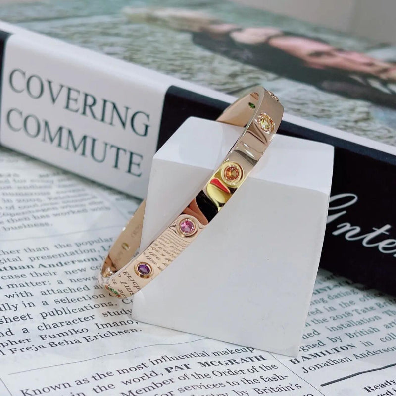 18K Gold Screw Motif Bangle – Classic Oval Love-Inspired Bracelet for Women Classic Model 10-Stone Rainbow