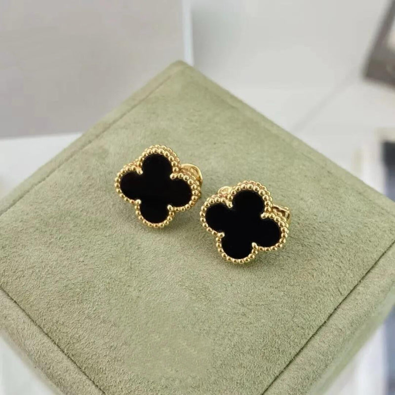 Vintage Alhambra style onyx clover earrings 18K yellow gold plated beaded edge