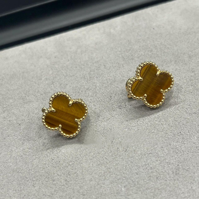 Vintage Alhambra style tiger eye clover earrings 18K yellow gold plated beaded edge
