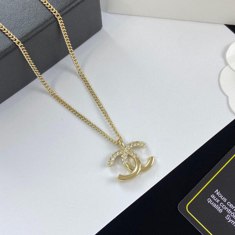 22K style half diamond CC necklace 18K gold plated curb chain