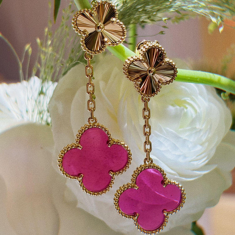 18k yellow gold pink enamel 2 motif earrings