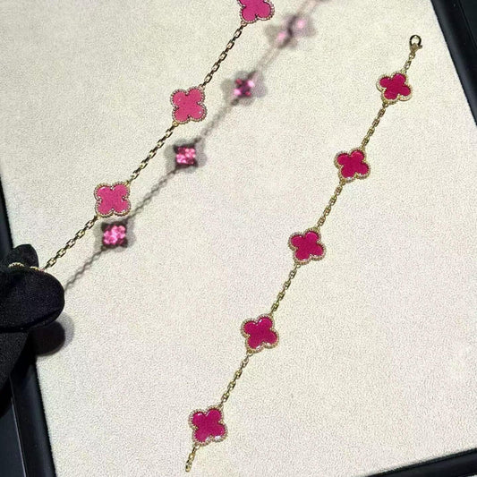 18k yellow gold pink enamel 5 motif bracelet