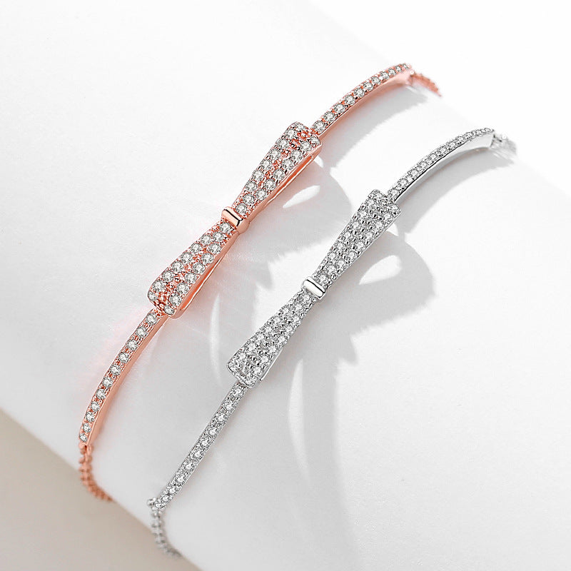 CrownJewel S925 sterling silver bow bracelet for women, simple and fashionable full diamond zircon micro diamond pull-out bracelet