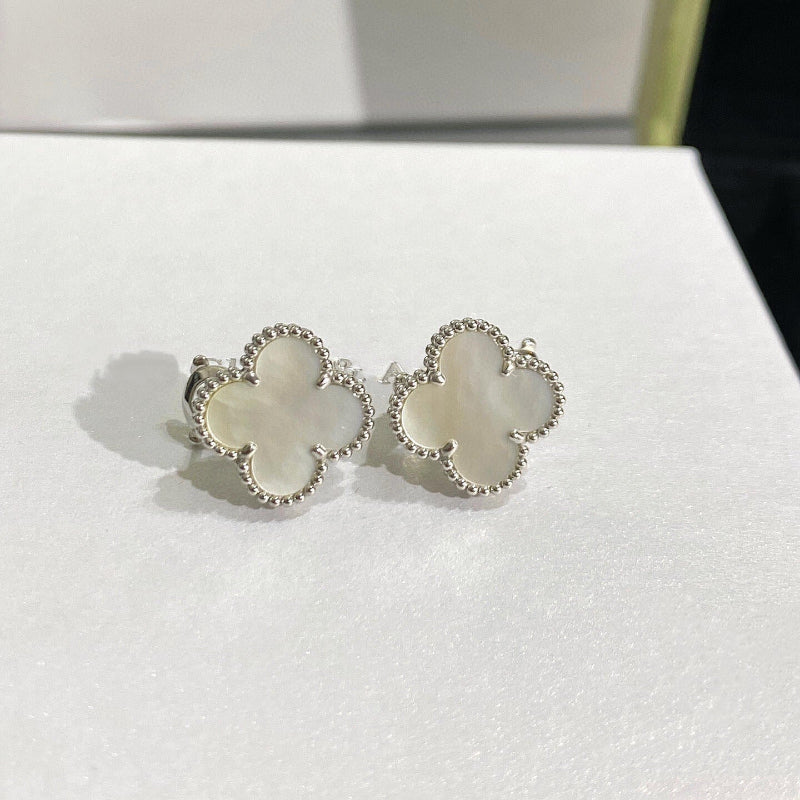 Vintage Alhambra style mother of pearl clover earrings 18K white gold plated beaded edge