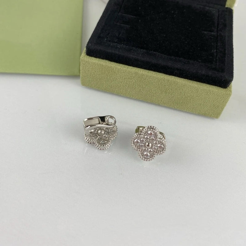 Vintage Alhambra style diamond clover earrings 18K white gold plated crystal pave