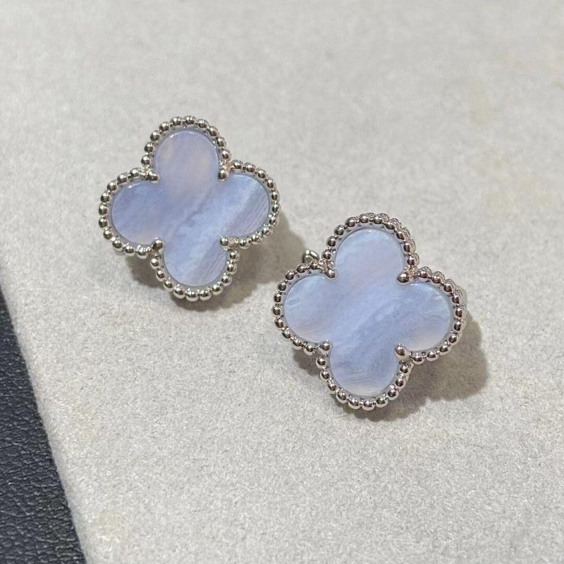 Vintage Alhambra style chalcedony clover earrings 18K yellow gold plated beaded edge