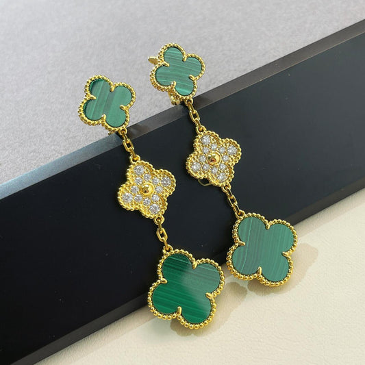 Magic Alhambra style 3 motifs earrings 18K yellow gold malachite crystal pave