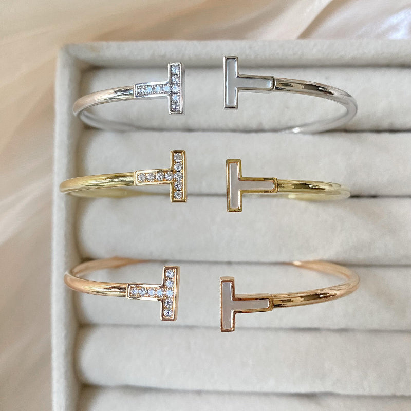 T style mother of pearl and diamond wire bracelet 18K gold plated