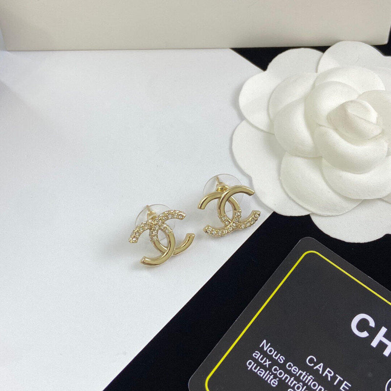 22K style half diamond CC earrings 18K gold plated studs