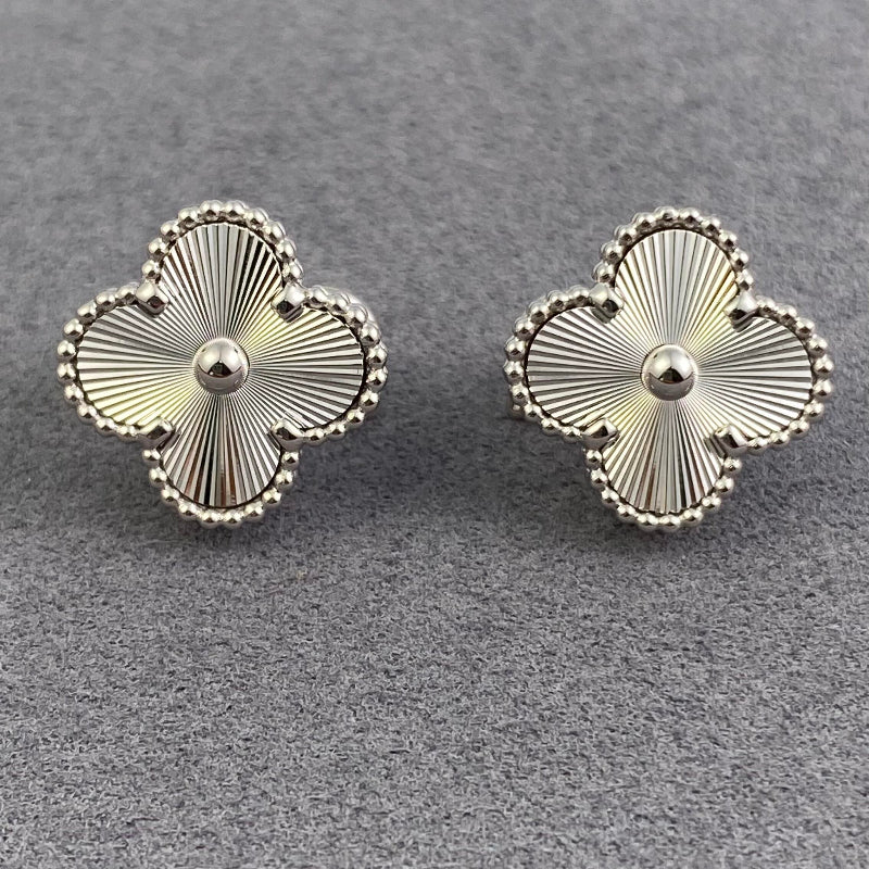 Vintage Alhambra style clover earrings 18K white gold plated beaded edge