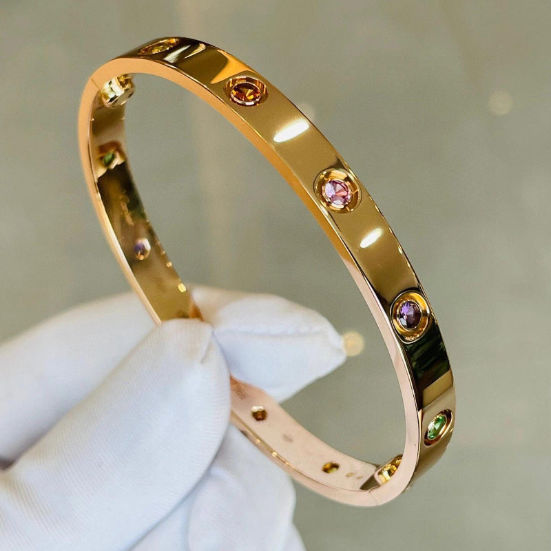 18K Gold Screw Motif Bangle – Classic Oval Love-Inspired Bracelet for Women Classic Model 10-Stone Rainbow