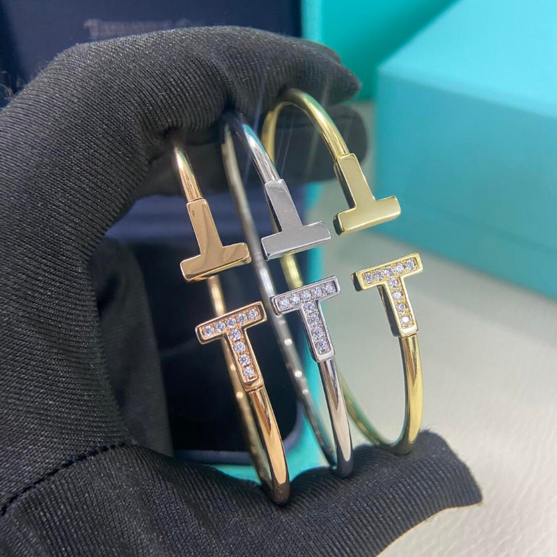 T style mother of pearl and diamond wire bracelet 18K gold plated