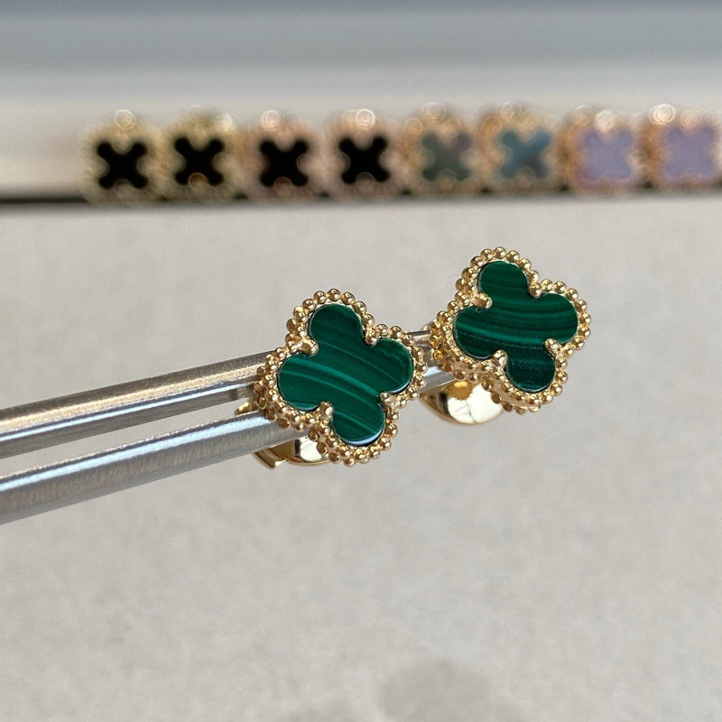 Vintage Alhambra style malachite clover earrings 18K yellow gold plated beaded edge