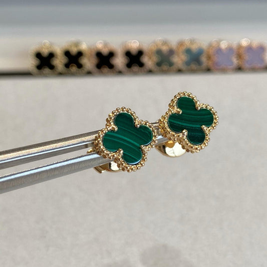 Vintage Alhambra style malachite clover earrings 18K yellow gold plated beaded edge