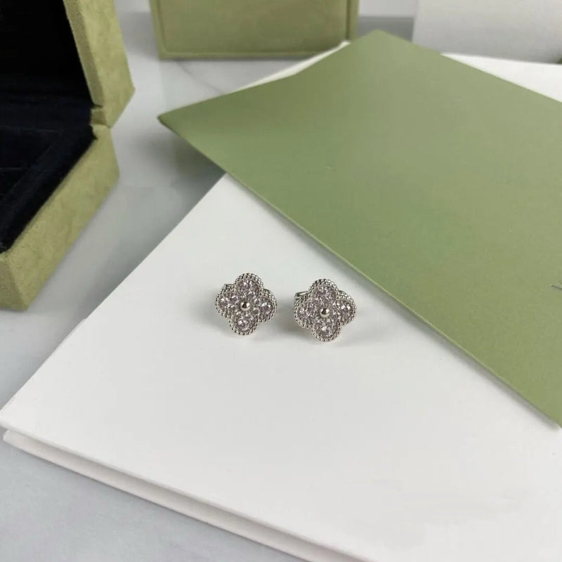 Vintage Alhambra style diamond clover earrings 18K white gold plated crystal pave