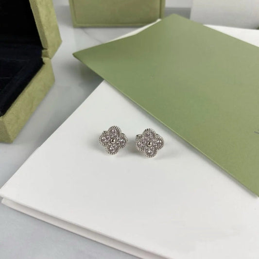 Vintage Alhambra style diamond clover earrings 18K white gold plated crystal pave
