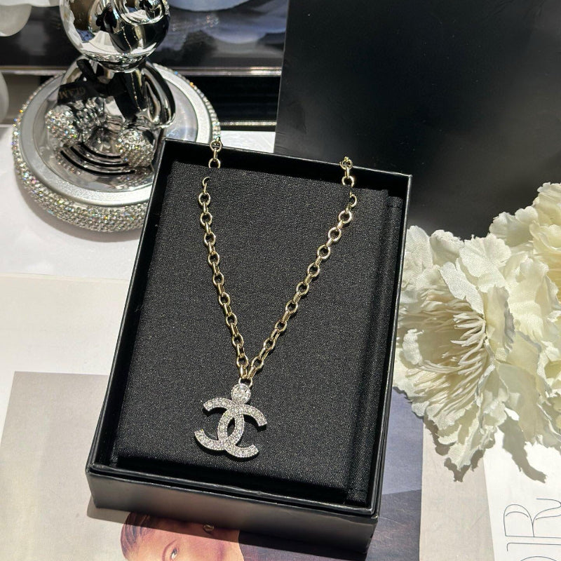 23K style vintage CC crystal necklace 18K plated O-link chain