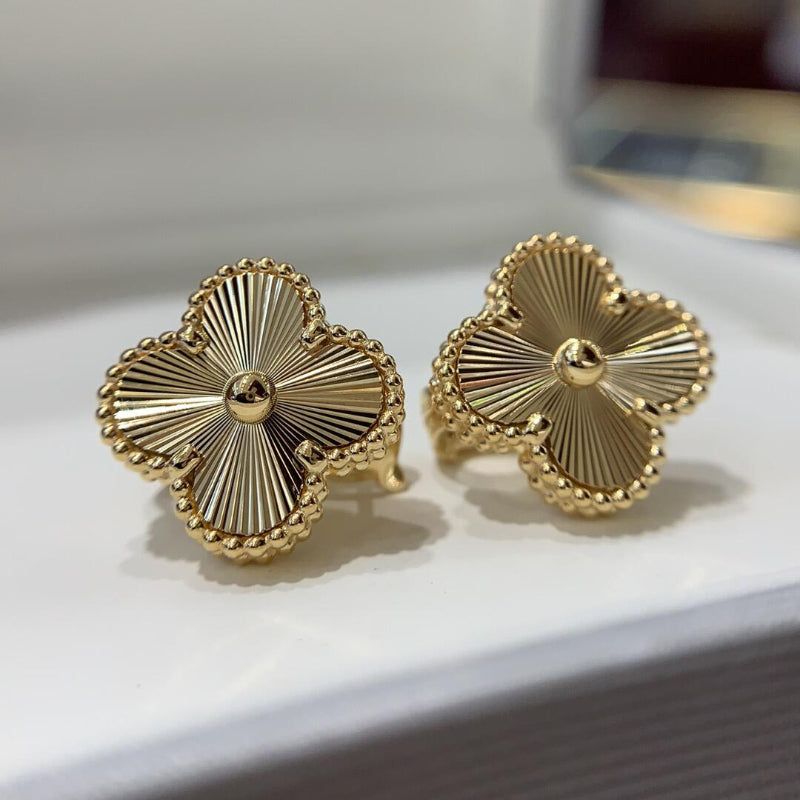Vintage Alhambra style guilloché clover earrings 18K yellow gold plated beaded edge