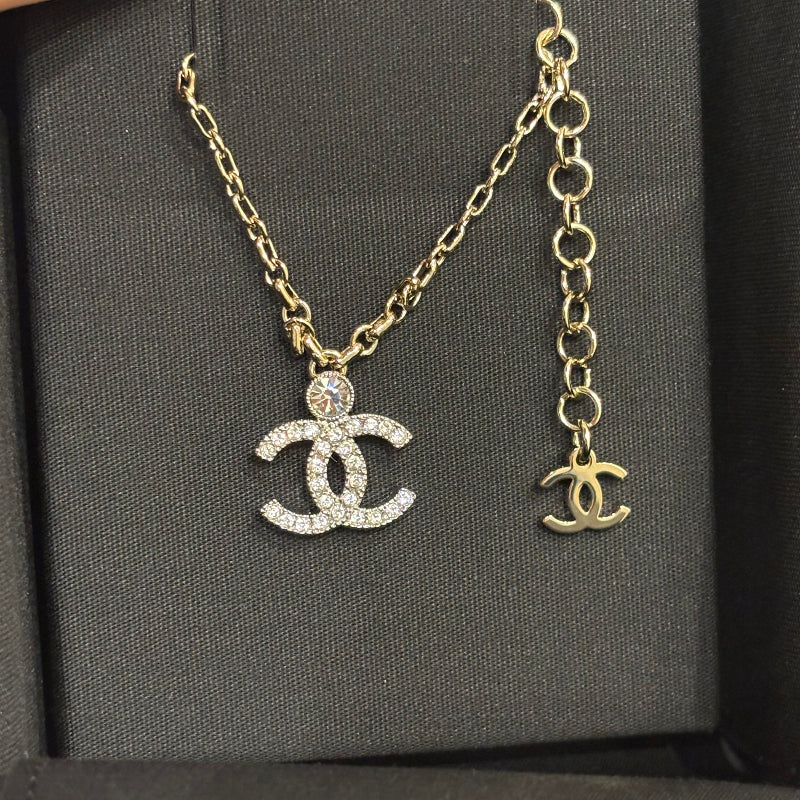 23K style vintage CC crystal necklace 18K plated O-link chain