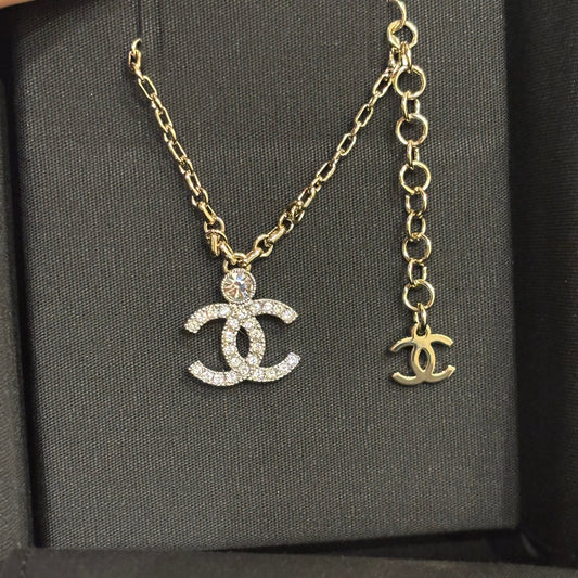 23K style vintage CC crystal necklace 18K plated O-link chain