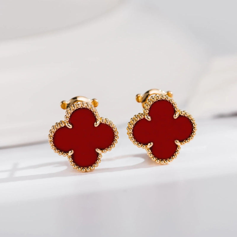 Vintage Alhambra style carnelian clover earrings 18K yellow gold plated beaded edge