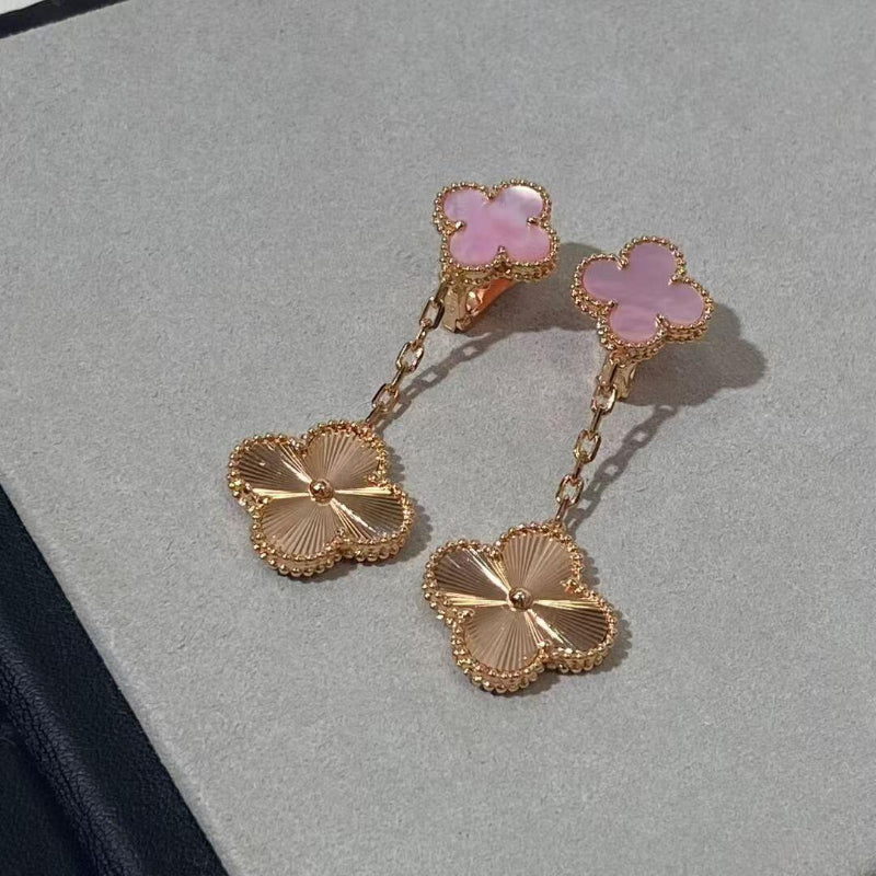 Magic Alhambra style 2 motifs earrings 18K rose gold pink mother of pearl guilloché