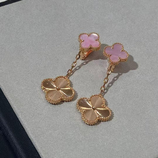 Magic Alhambra style 2 motifs earrings 18K rose gold pink mother of pearl guilloché