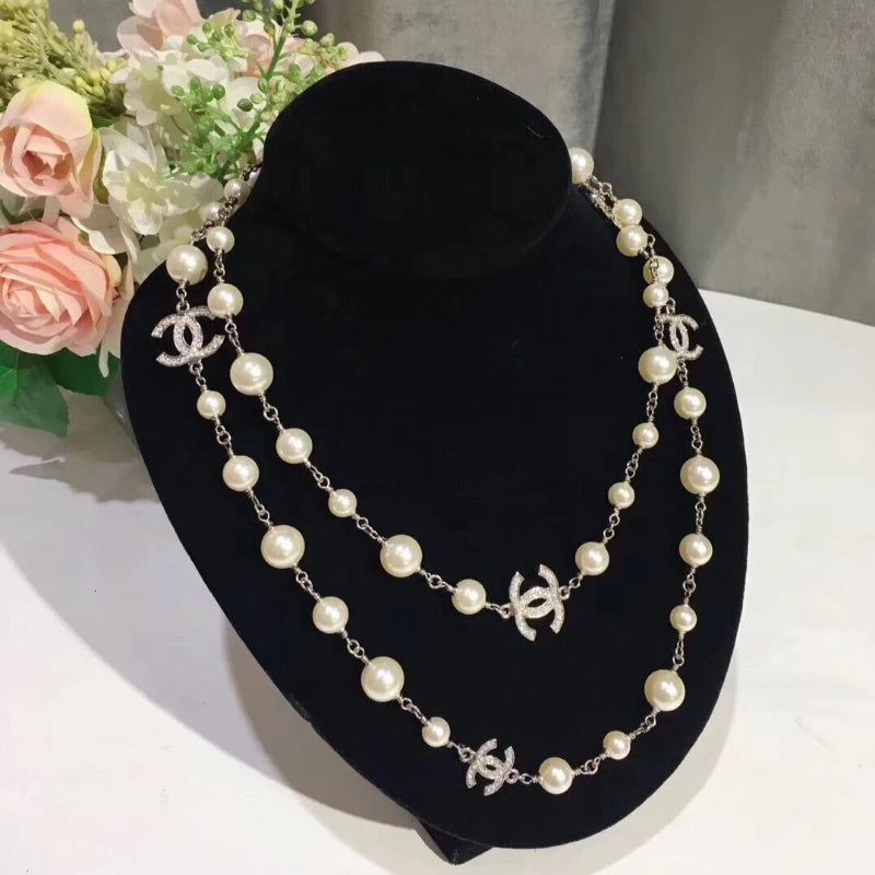 classic 5C double sided crystal pearl long necklace 18K gold plated