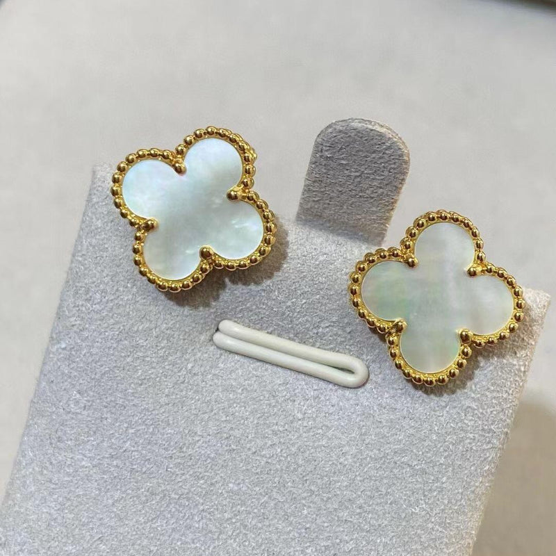 Vintage Alhambra style mother of pearl clover earrings 18K yellow gold plated beaded edge