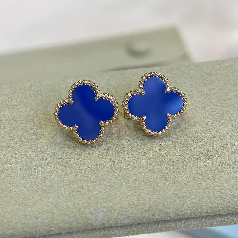 Vintage Alhambra style blue agate clover earrings 18K yellow gold plated beaded edge