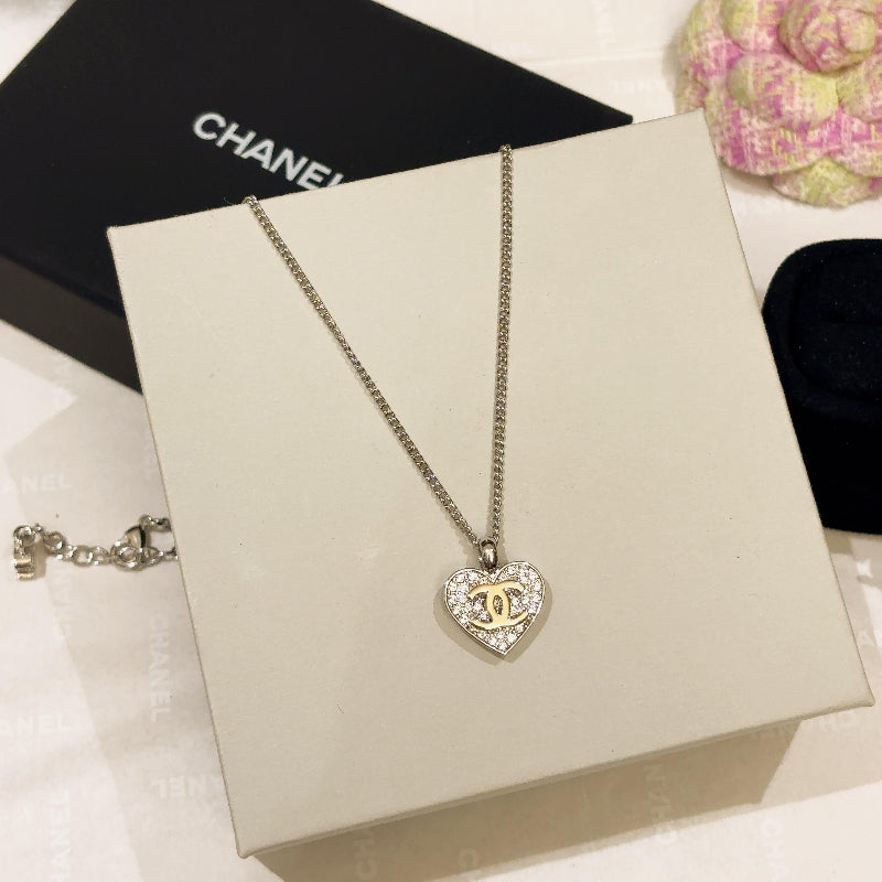 26P style diamond pave heart necklace 18K silver plated full crystal