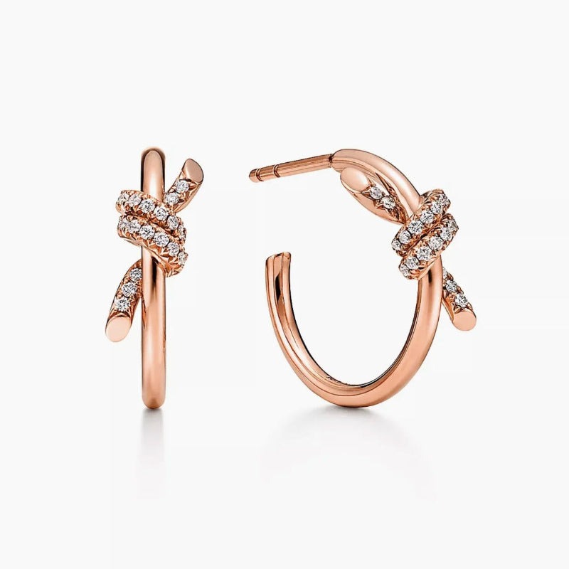 rose gold knot style hoop earrings with crystal pave