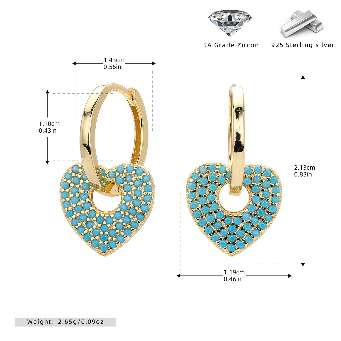925 sterling silver zircon heart earrings