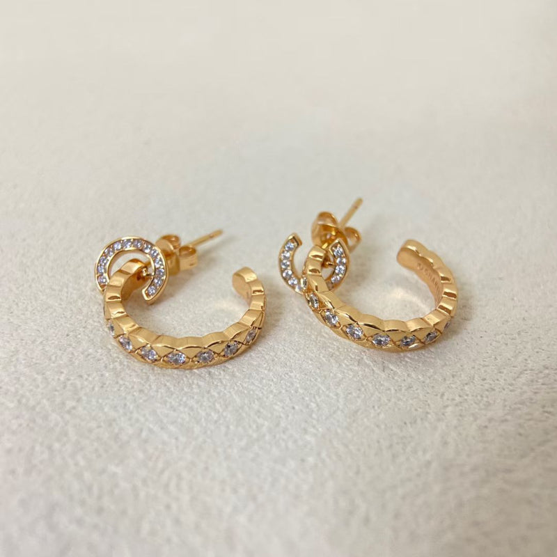 beige gold CC COCO quilted hoop earrings crystal pave