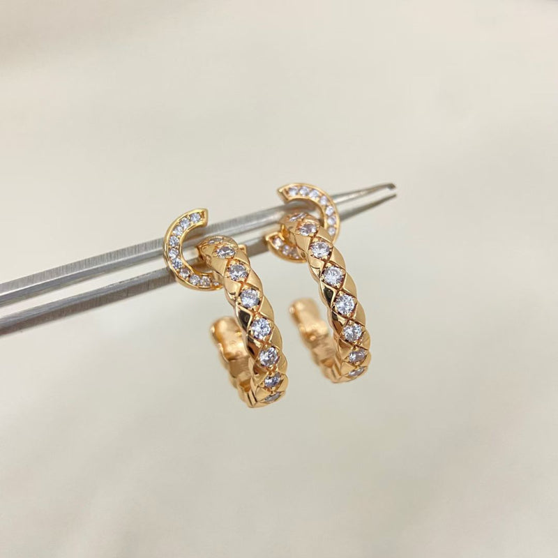 beige gold CC COCO quilted hoop earrings crystal pave