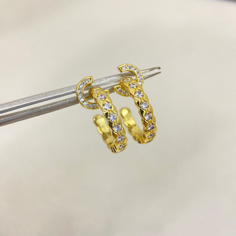 yellow gold CC COCO quilted hoop earrings crystal pave