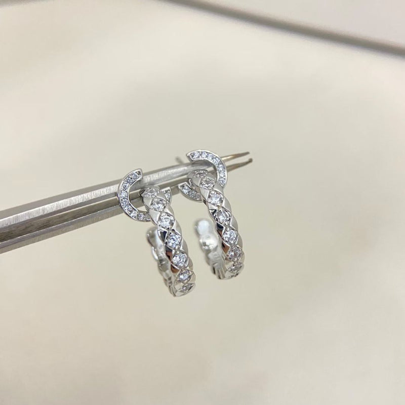 white gold CC COCO quilted hoop earrings crystal pave